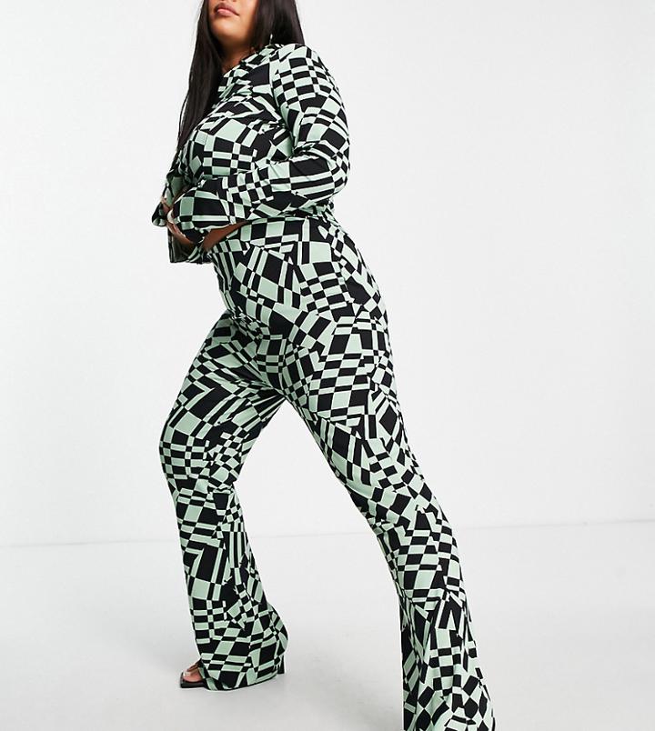 Asos Design Curve Wide Leg Pants In Distorted Checkerboard Print - Part Of A Set-multi