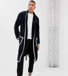 Asos Design Tall Fluffy Dressing Grown In Navy With Ecru Piping - Navy