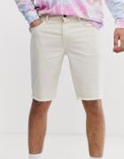 Asos Design Slim Denim Shorts In Ecru With Raw Hem - White