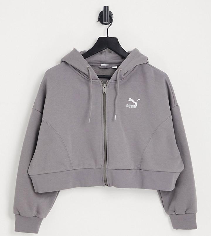 Puma Boxy Cropped Zip Up Hoodie In Storm Gray - Exclusive To Asos