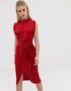 Asos Design Split Sleeve Midi Dress With Obi Belt - Red