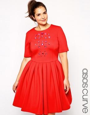 Asos Curve Premium Skater Dress With Gemstone Jewels - Red
