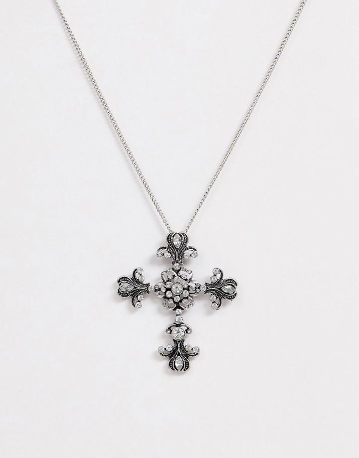 Asos Design Necklace With Gothic Cross Pendant In Silver Tone