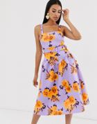 Asos Design Floral Drop Waist Prom Midi Dress With Belt Detail - Purple