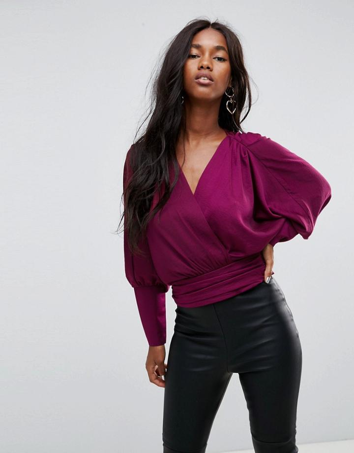 Asos Satin Batwing Wrap Top - Red