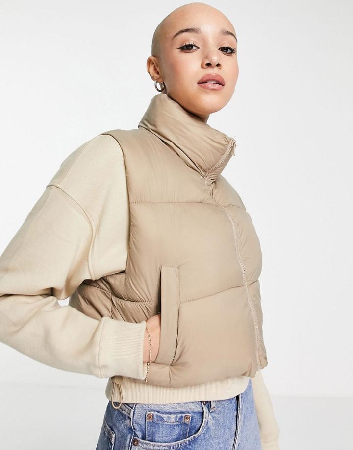Pull & Bear Cropped Padded Nylon Vest In Mushroom-neutral