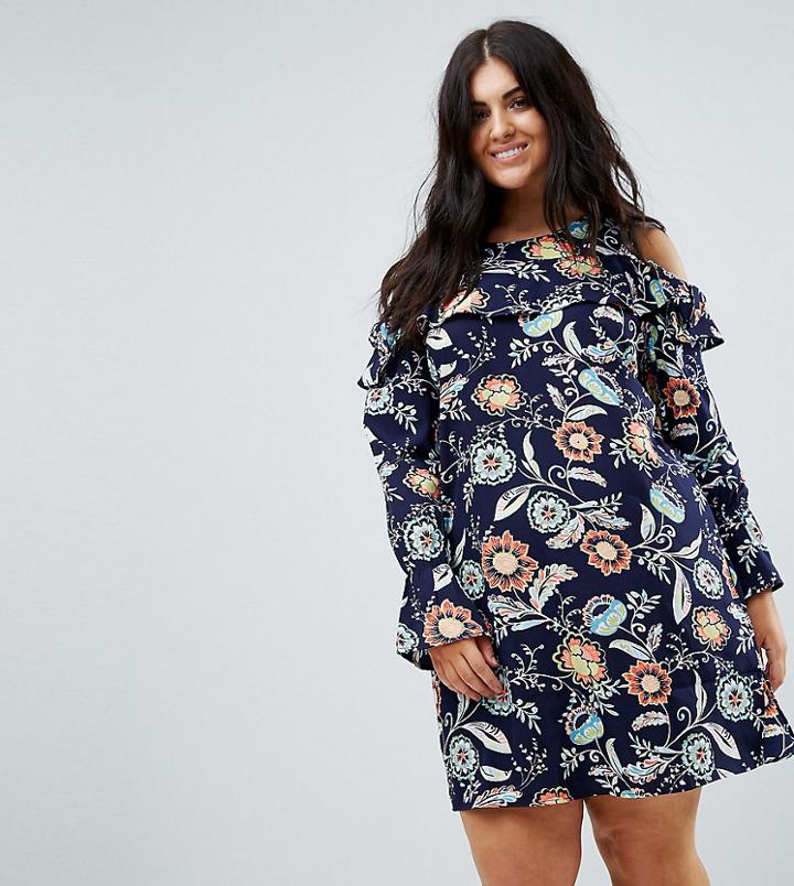 Ax Paris Plus Floral Cold Shoulder Ruffle Dress - Multi