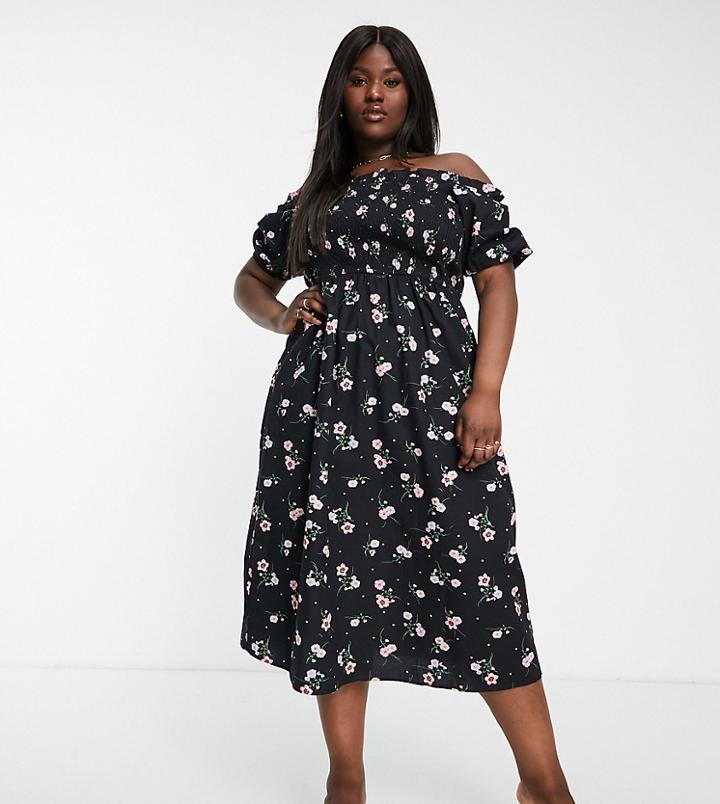 River Island Plus Floral Bardot Midi Dress In Navy