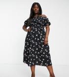 River Island Plus Floral Bardot Midi Dress In Navy