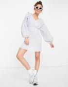 Asos Design Shirred Skirt Mini Wrap Front Dress In Blue Gingham-multi