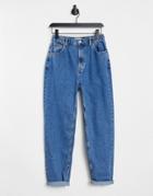 Pull & Bear Elastic Waist Mom Jean In Medium Blue-blues