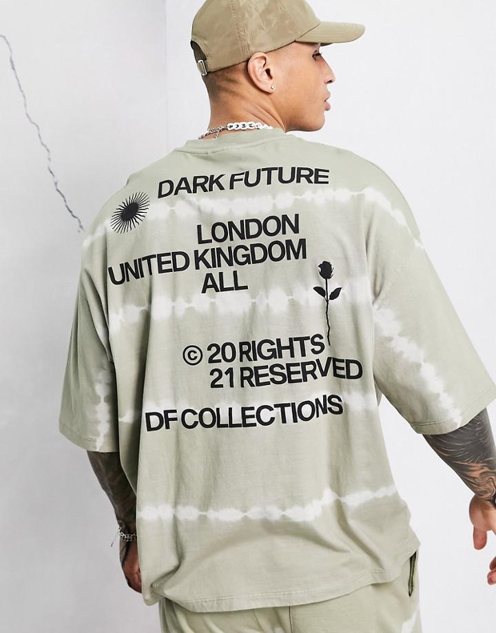 Asos Dark Future Oversized T-shirt With Logo Prints In Khaki Tie Dye - Part Of A Set-green