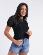 River Island Textured Puff Sleeve T-shirt In Black