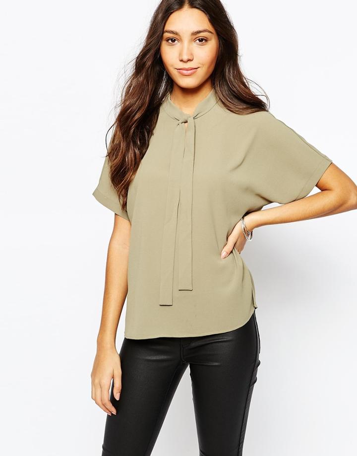 Vila Short Sleeve Pussy Bow Blouse - Green