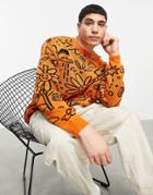 Asos Design Knit Oversized Sweater With Doodle Design In Orange