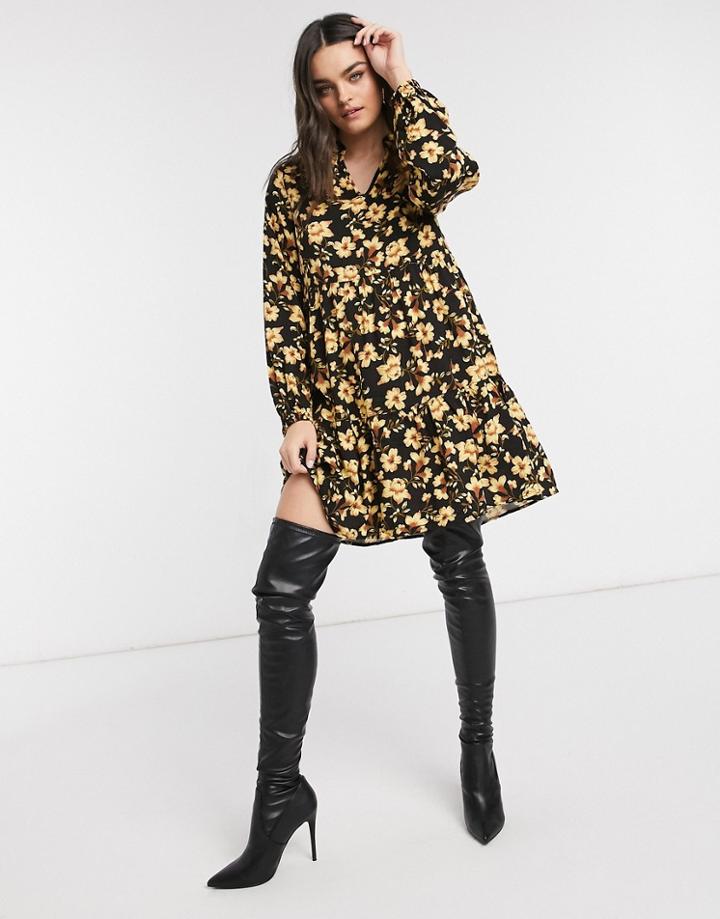 Vila Long Sleeve Smock Dress In Yellow Floral Print-multi