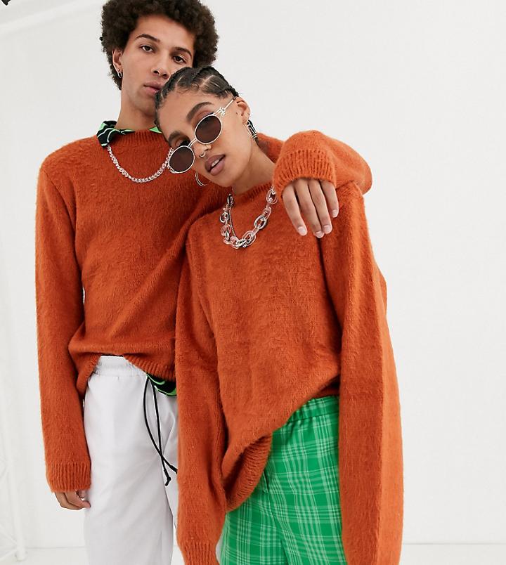 Collusion Unisex Brushed Crew Neck Sweater In Rust-brown