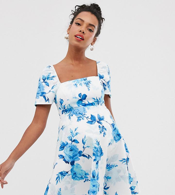 Asos Design Maternity Floral Milkmaid Skater Mini Dress-multi