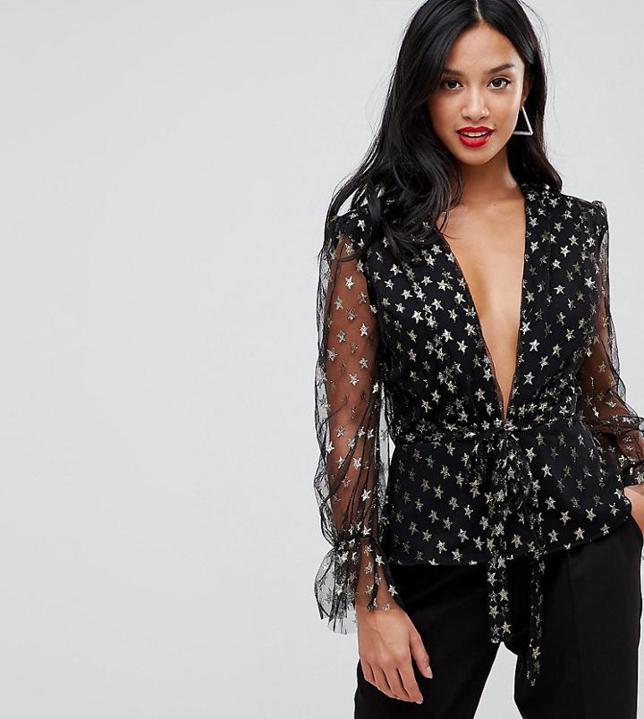 John Zack Petite Allover Star Print Ruffle Tea Blouse - Multi