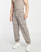 Asos Design Wool Mix Oversized Tapered Smart Pants In Beige Hounds Check-neutral