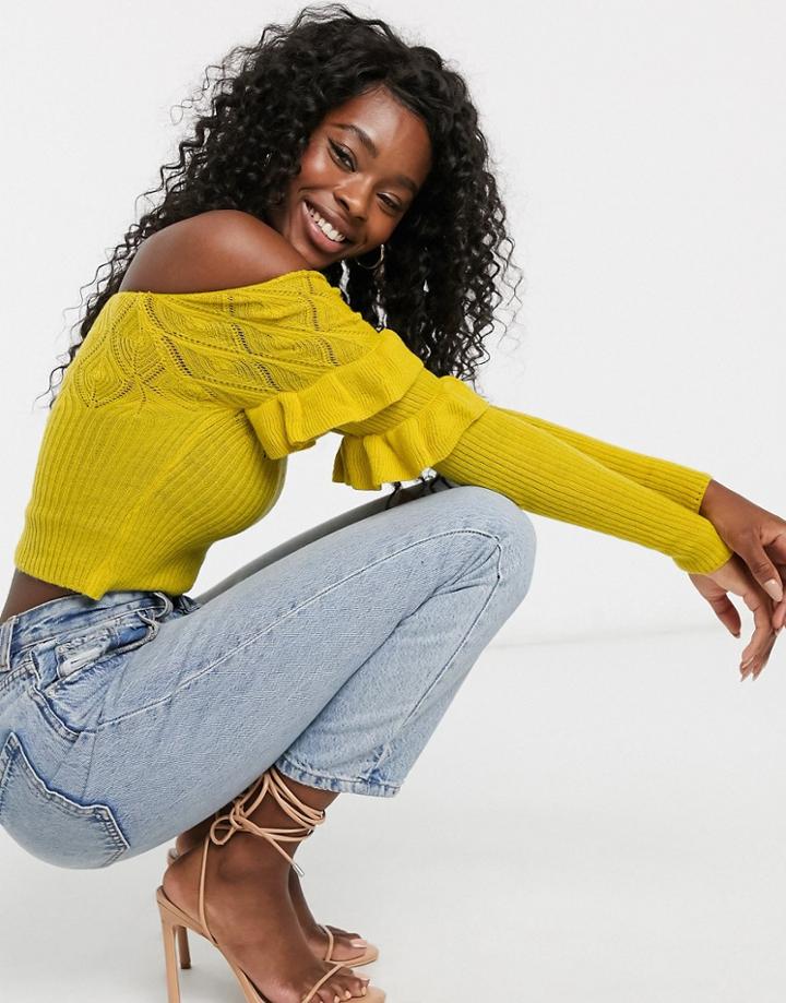 Asos Design Off Shoulder Knit Top With Ruffle And Stitch Detail-yellow