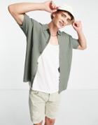 Bershka Knit Textured Camp Collar Polo Shirt In Khaki-green