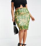 Daisy Street Plus 90s Midi Skirt With Bow Waist In Green Face Print Mesh