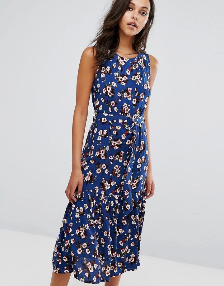 Warehouse Ditsy Floral Print Midi Dress - Navy