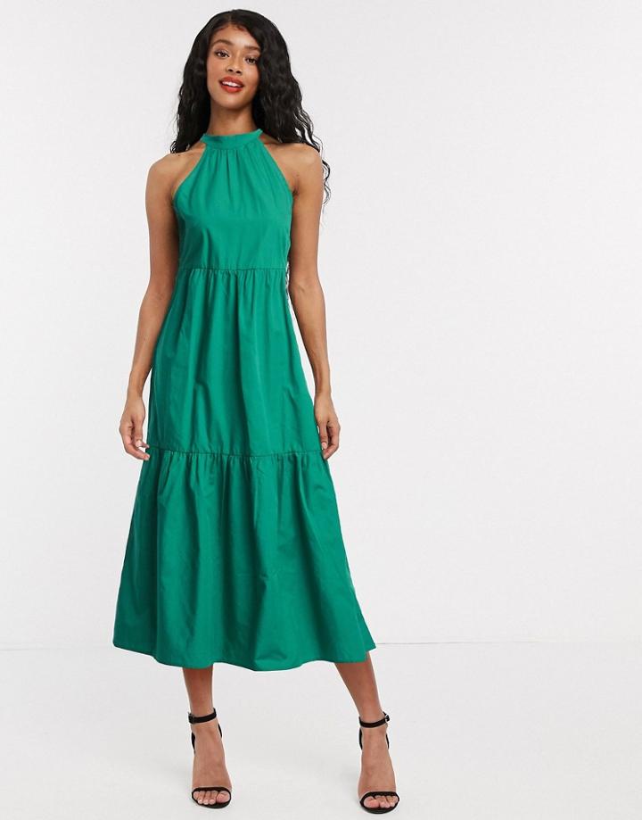 Vila Tiered Midi Dress With Halterneck In Green