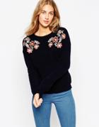 Asos Sweater With Folk Floral Embroidery - Navy