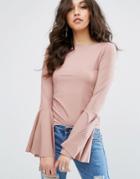 Missguided Ribbed Flared Sleeve Top - Pink