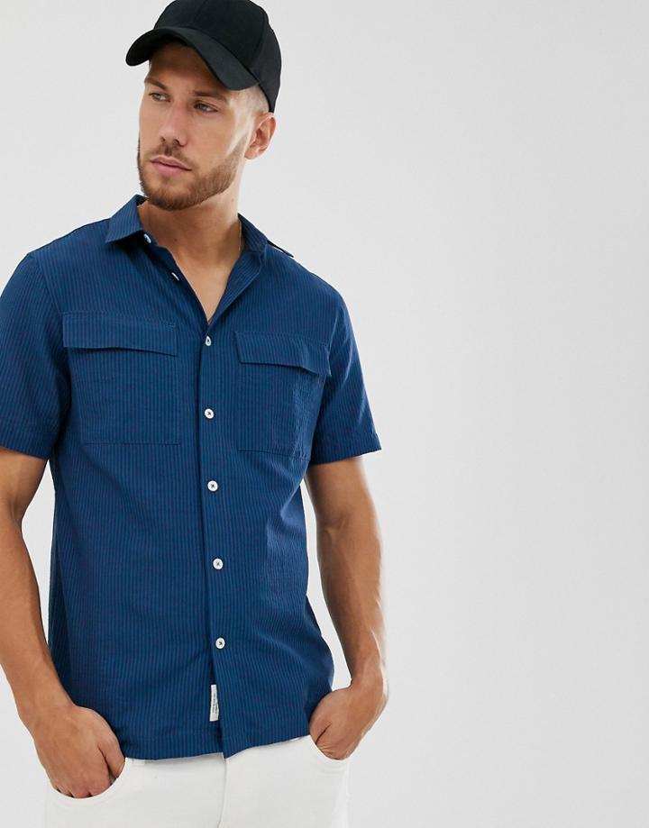River Island Short Sleeve Seersucker Shirt In Navy