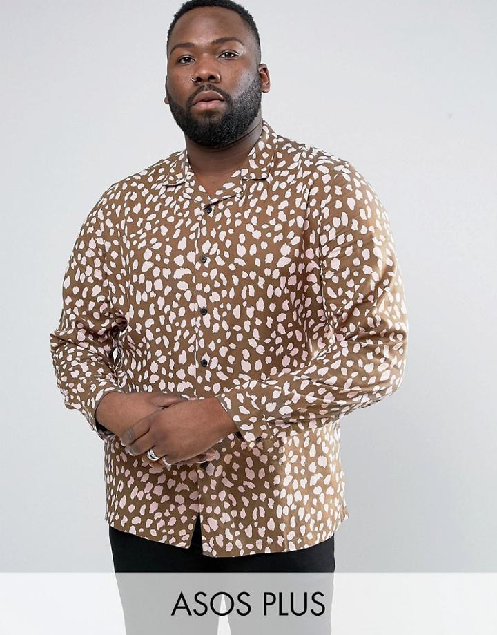 Asos Plus Regular Fit Viscose Shirt With Revere Collar In Khaki Leopard Print - Green