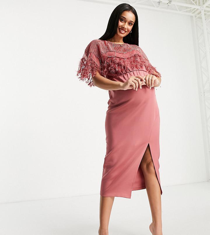 Asos Design Maternity Embellished Scuba Pearl Feather Midi Dress In Rose-multi