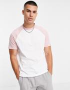 Asos Design White Raglan T-shirt With Contrast Sleeves In Dusty Pink