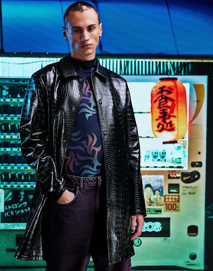 Asos Design Faux Croc Trench In Black