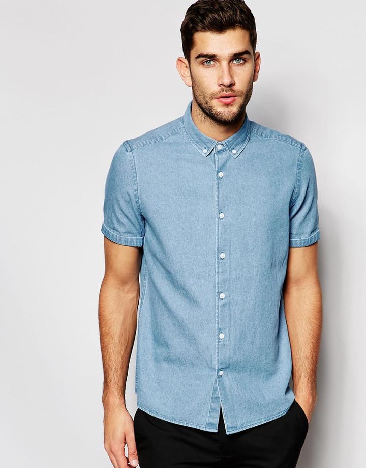 Asos Denim Shirt In Mid Wash In Regular Fit - Mid Wash