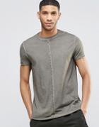 Asos Longline T-shirt With Seam Detail And Curved Hem In Oil Dye Khaki - Spinach Oil Wash