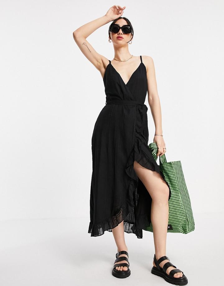Asos Design Tie Wraparound Maxi Sundress In Self Grid Check In Black