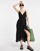 Asos Design Tie Wraparound Maxi Sundress In Self Grid Check In Black