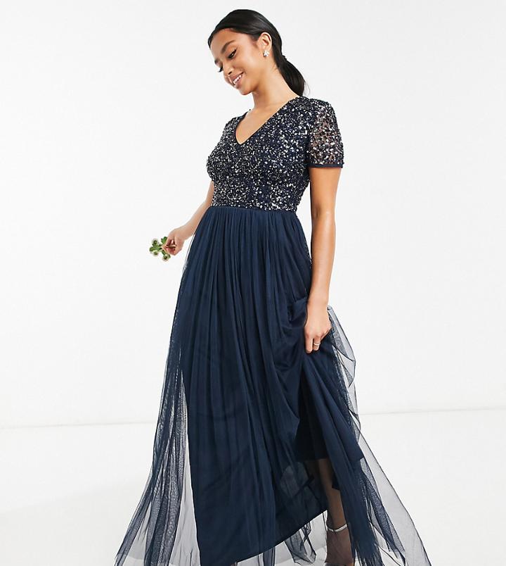 Maya Petite Bridesmaid Short Sleeve Maxi Tulle Dress With Tonal Delicate Sequins In Navy