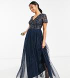 Maya Petite Bridesmaid Short Sleeve Maxi Tulle Dress With Tonal Delicate Sequins In Navy