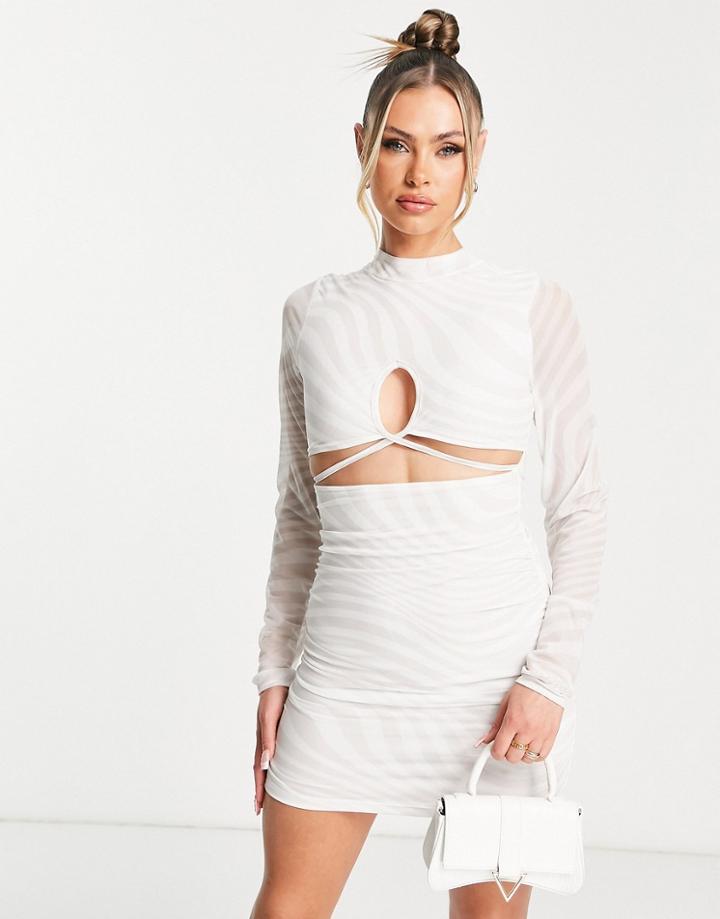 Rebellious Fashion Exclusive Long Sleeve Cut Out Detail Mini Dress In Stone Print-multi