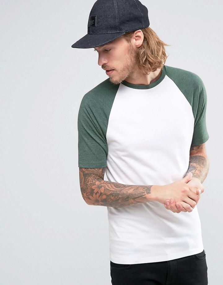 Asos T-shirt With Contrast Raglan Sleeve In White/green - White