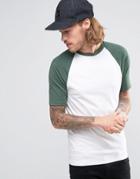 Asos T-shirt With Contrast Raglan Sleeve In White/green - White