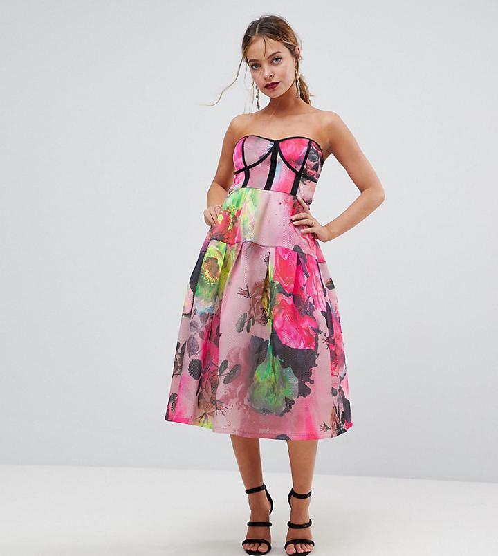 Asos Petite Bonded Mesh Bandeau Floral Midi Prom Dress - Multi