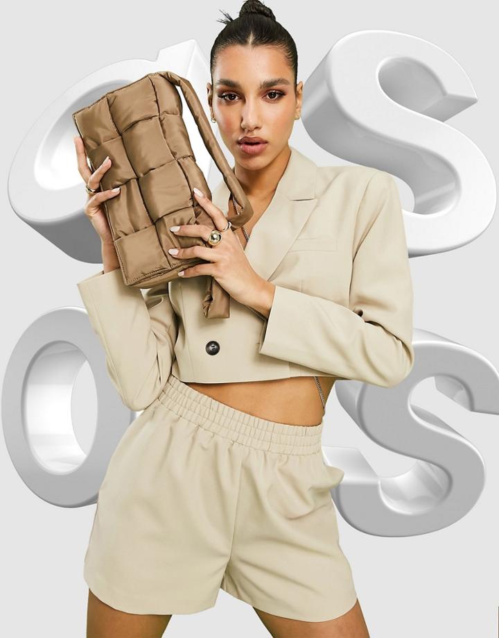 Asos Design Shoulder Bag In Taupe Nylon Puffed Weave-brown