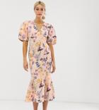 Asos Design Tall Botanical Floral Bubble Sleeve Seamed Midi Dress-multi