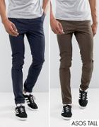 Asos Tall 2 Pack Skinny Chinos In Brown & Navy Save - Multi