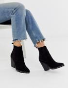 Asos Design Relative Suede Studded Heeled Western Boots In Black